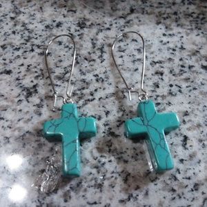 Turquoise CROSS beaded earrings lg hooks